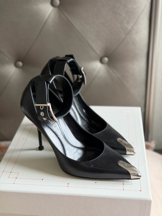 Alexander McQueen Shoes - Alexander McQueen Black Pointed Toe Ankle-Strap Heels with Silver Toe Caps S:38